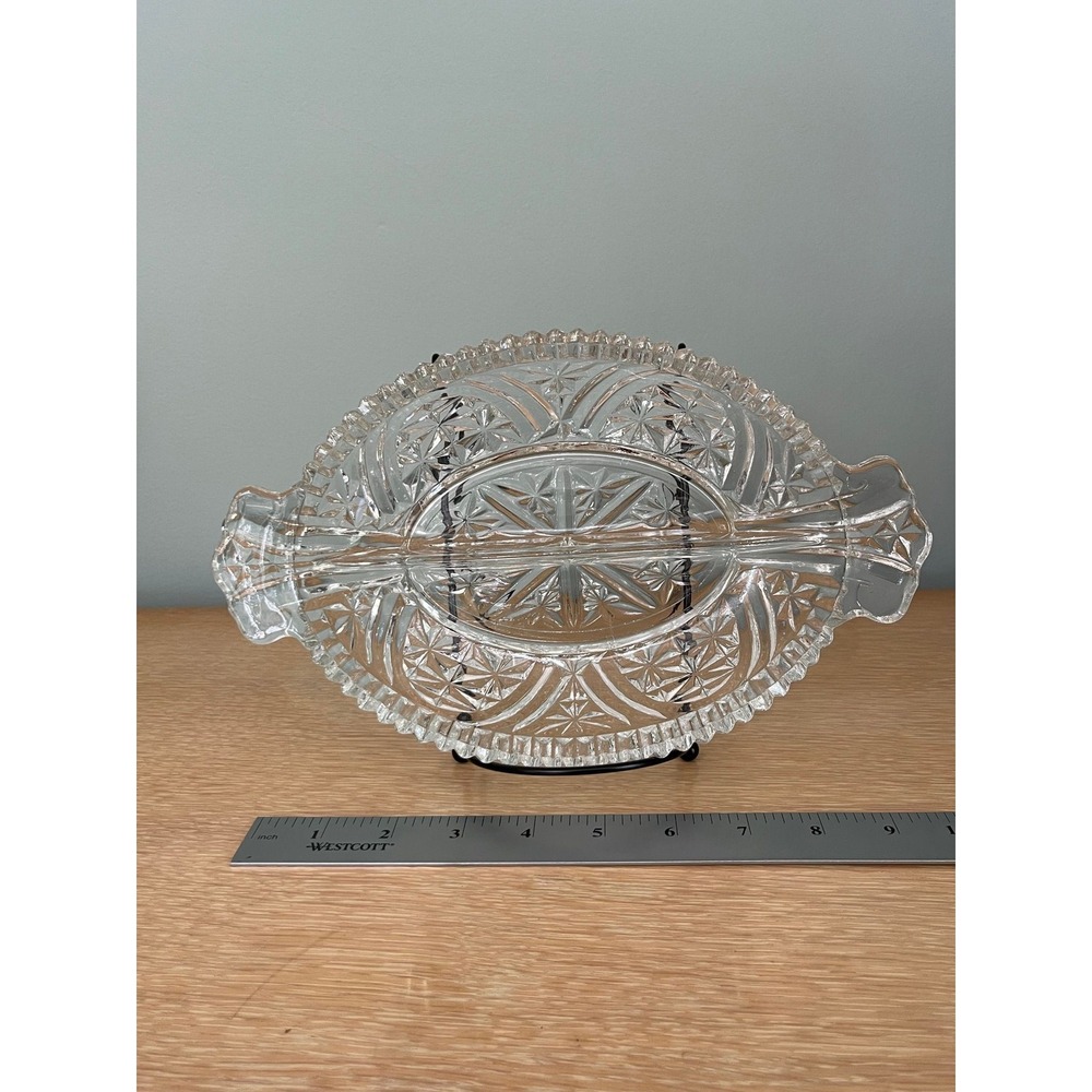 Vintage Anchor Hocking Stars and Bars Clear Pressed Glass Divided Relish 60s